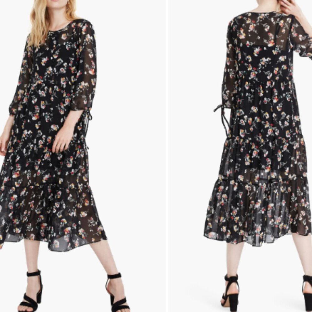 Madewell Sheer Floral Tiered Midi Dress | Black | Pom Pom Floral | Medium